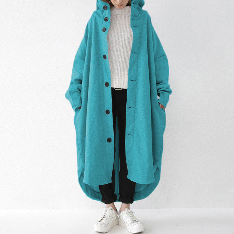 Relaxed Hooded Cocoon Coat with Asymmetric Hem — Smaragdgrün