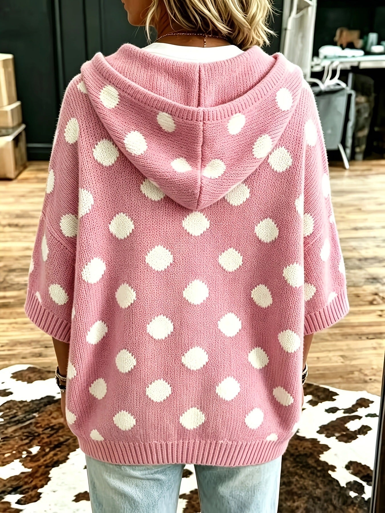 Pink Cotton Polka Dot Knit Hoodie