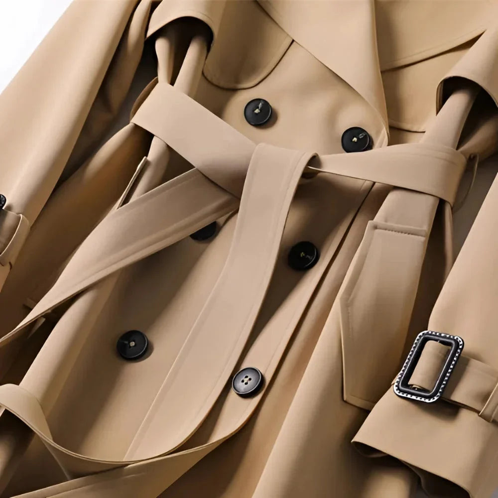 Light Brown Long Trench Coat with Belt and Lapels