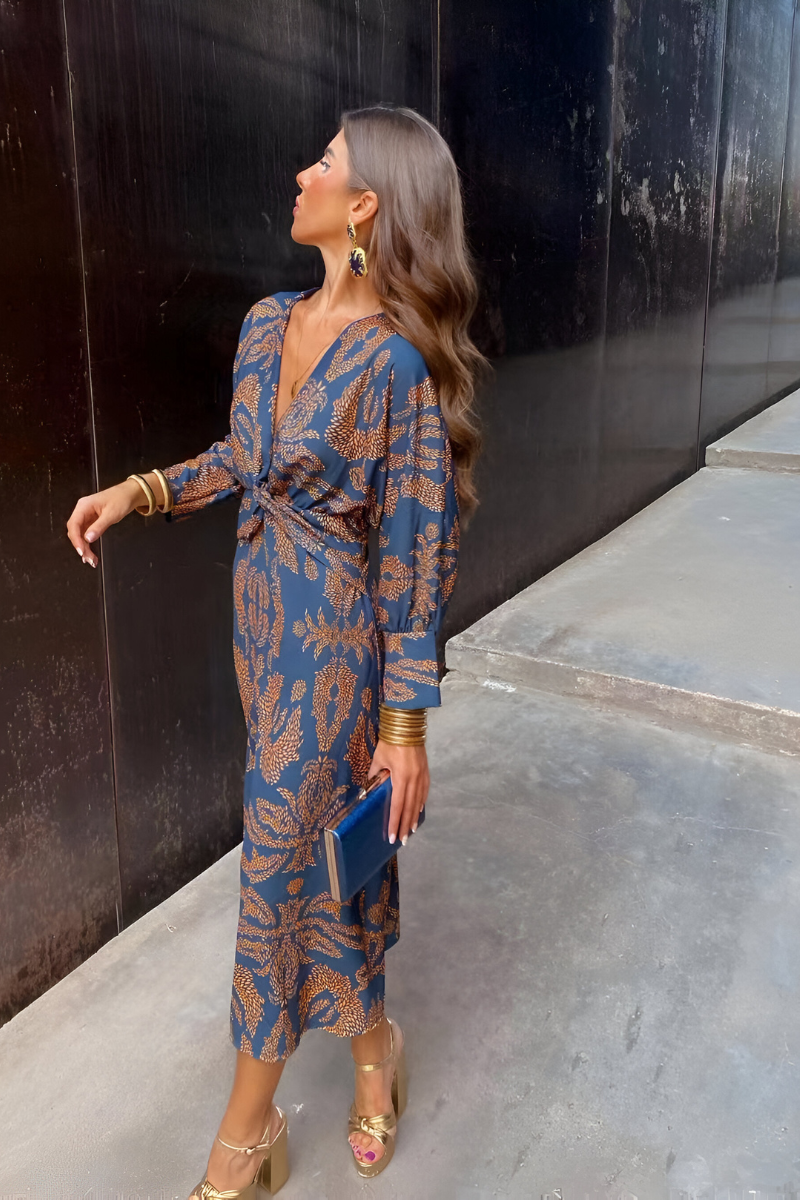 Floral Midi Dress with Twist Waist & V-Neck Long Sleeves — Blau
