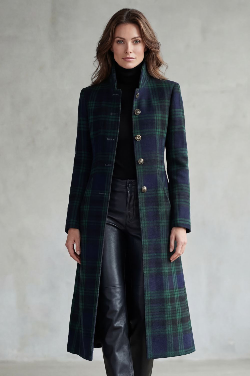Blackwatch Tartan Longline Coat with Stand Collar