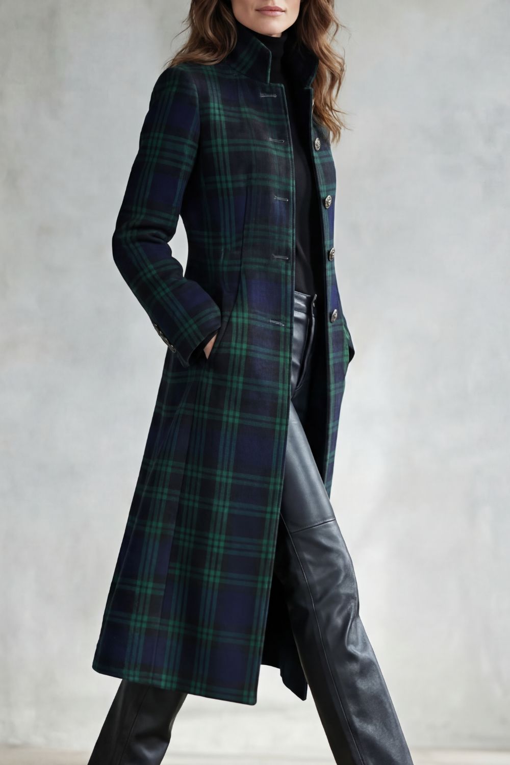 Blackwatch Tartan Longline Coat with Stand Collar