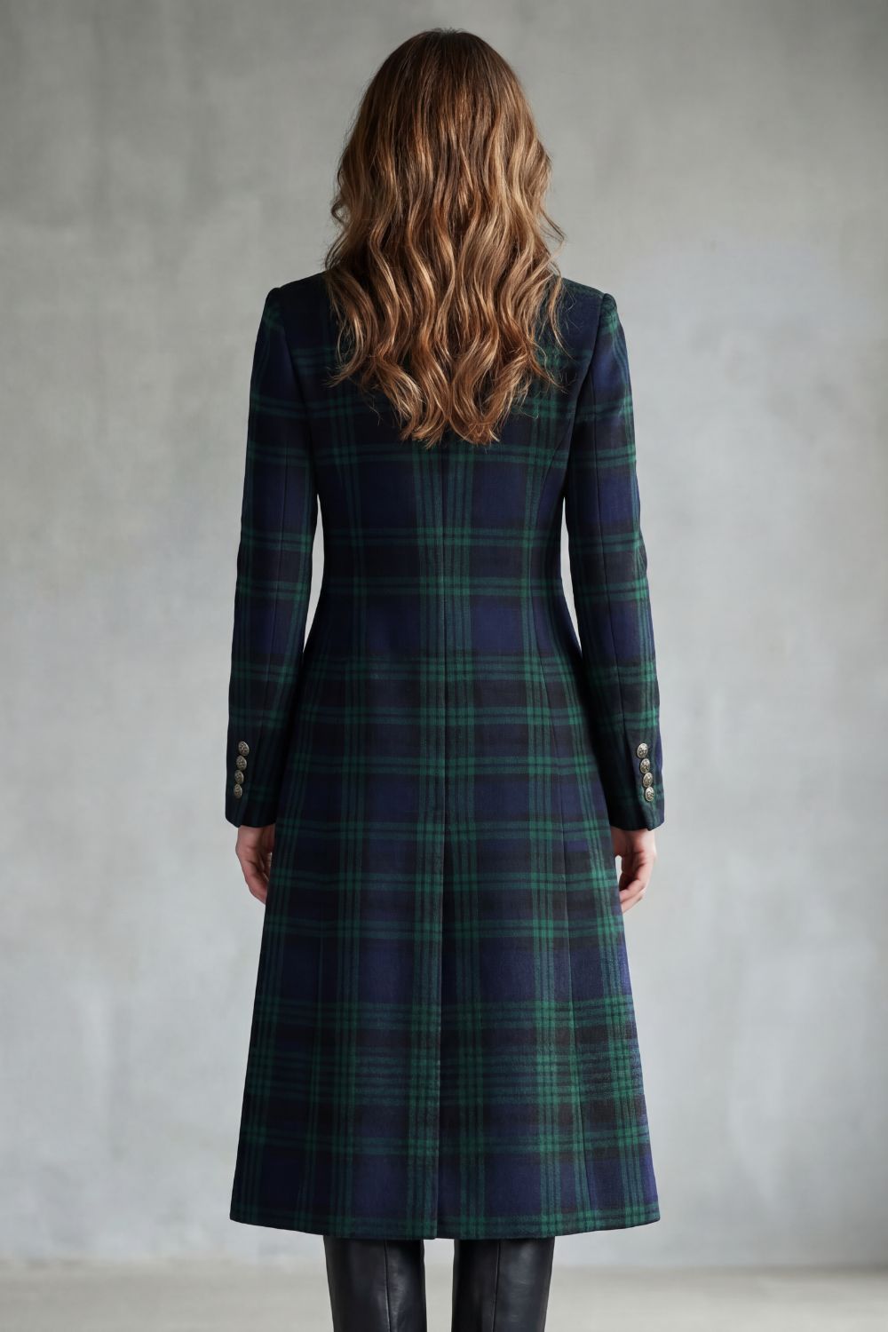 Blackwatch Tartan Longline Coat with Stand Collar