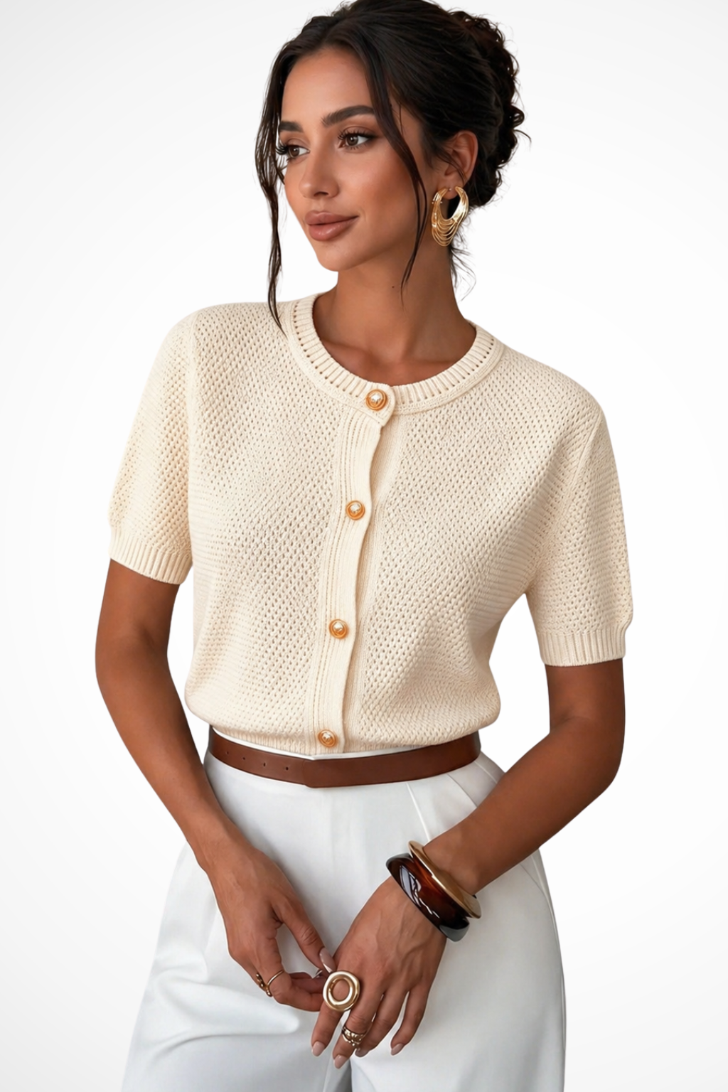 Apricot Cropped Cardigan with Gold Buttons & Round Neck — S