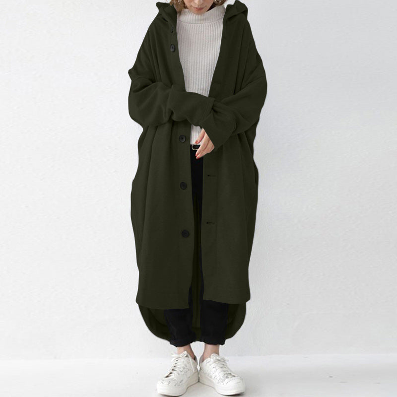 Relaxed Hooded Cocoon Coat with Asymmetric Hem — Militärgrün