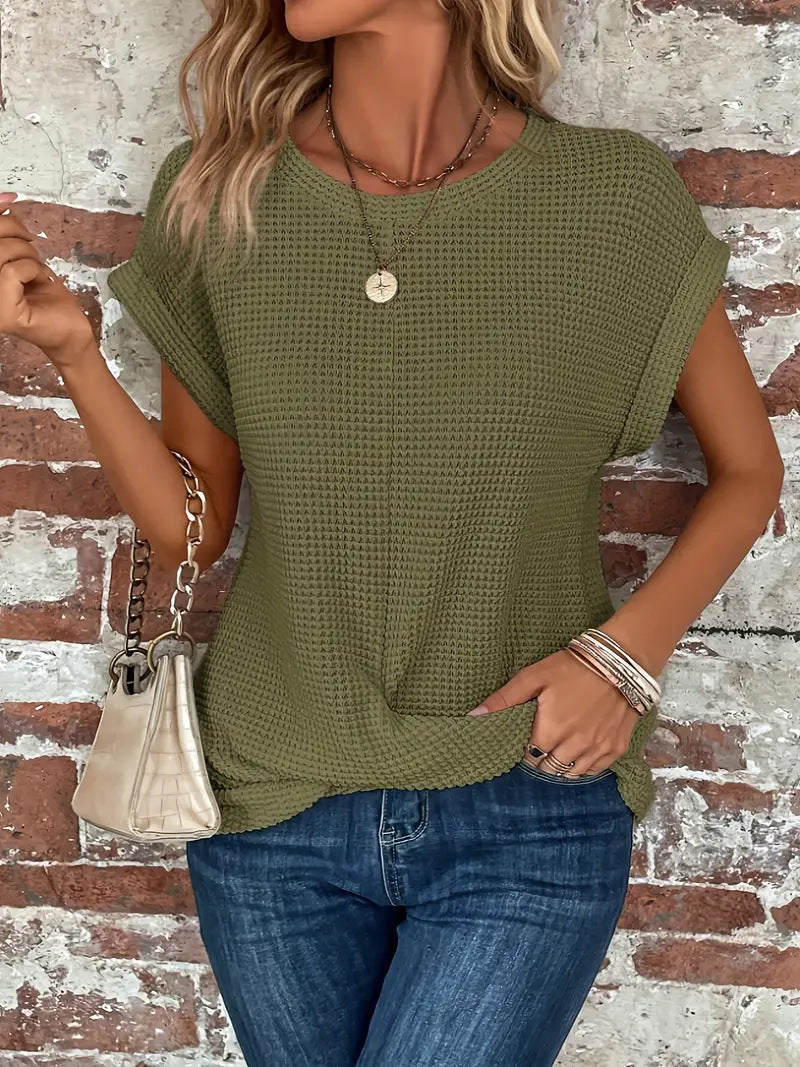 Brown Orange Waffle Knit Top for Everyday Comfort — Olive Green