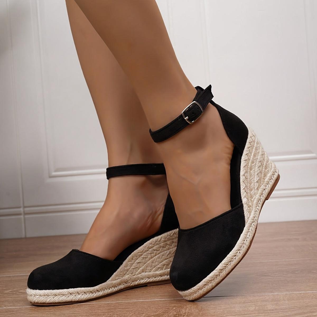 Comfort Wedge Sandals with Adjustable Ankle Strap — Schwarz
