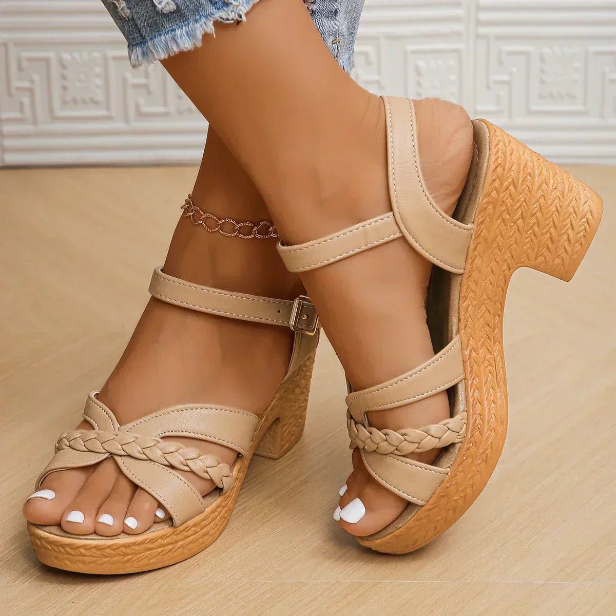 Braided Strap Wedge Sandals with Adjustable Ankle Buckle