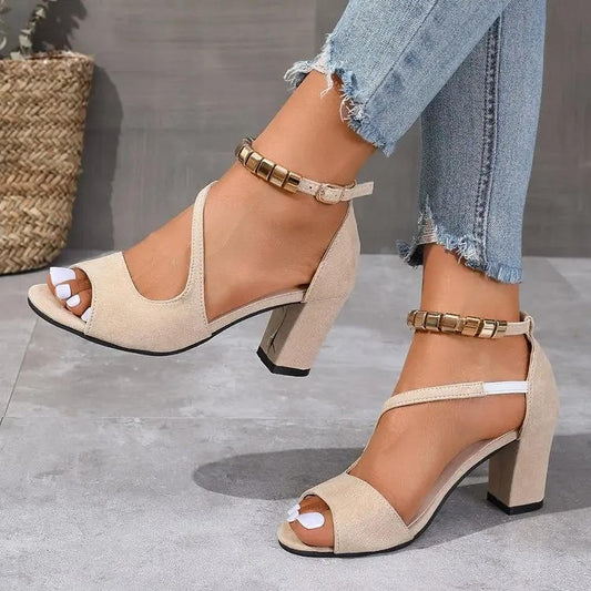 Beige Faux Suede Block Heel Sandals with Ankle Strap — Beige