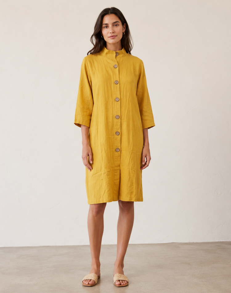 Flowy Linen Collared Midi Dress with Button Front — Khaki