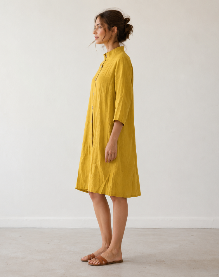 Flowy Linen Collared Midi Dress with Button Front