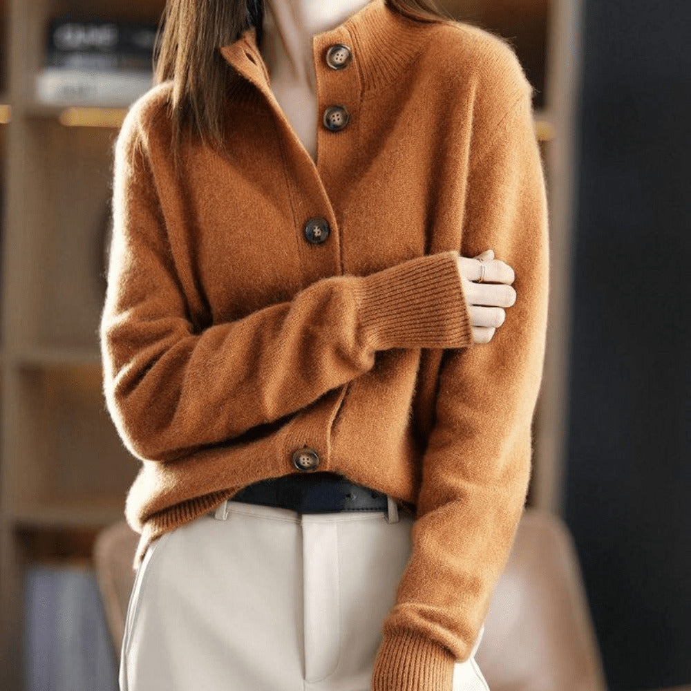 Beige Collared Button-Front Knit Cardigan for Everyday