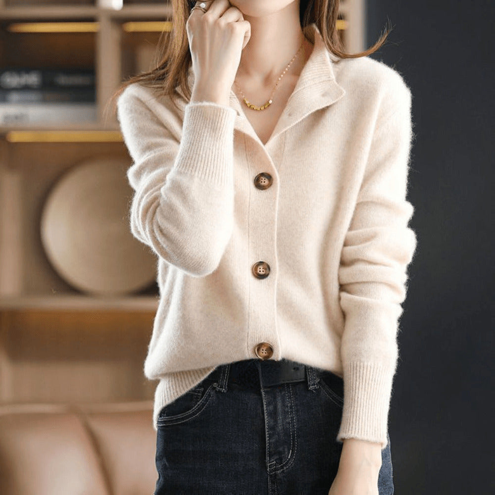 Beige Collared Button-Front Knit Cardigan for Everyday