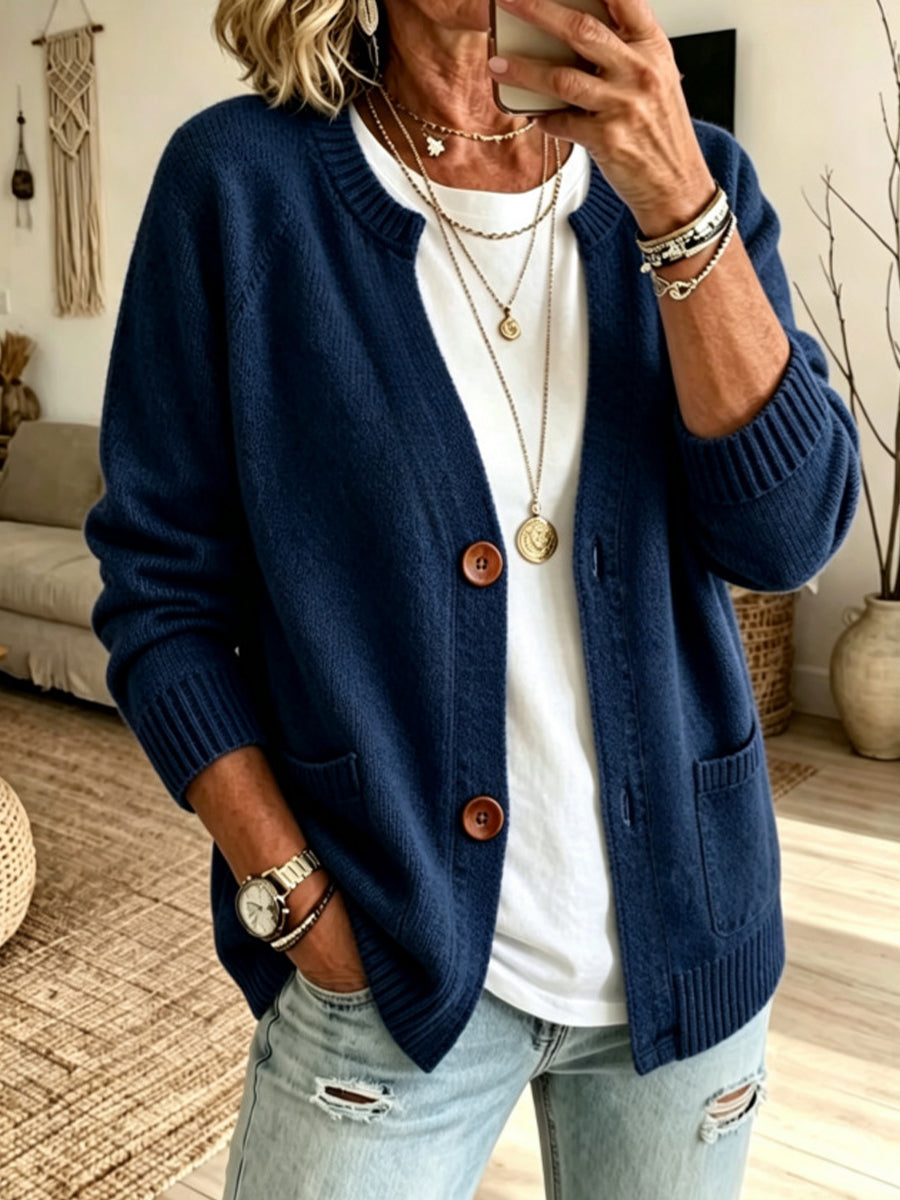 Black Cotton-Blend V-Neck Cardigan — Navy