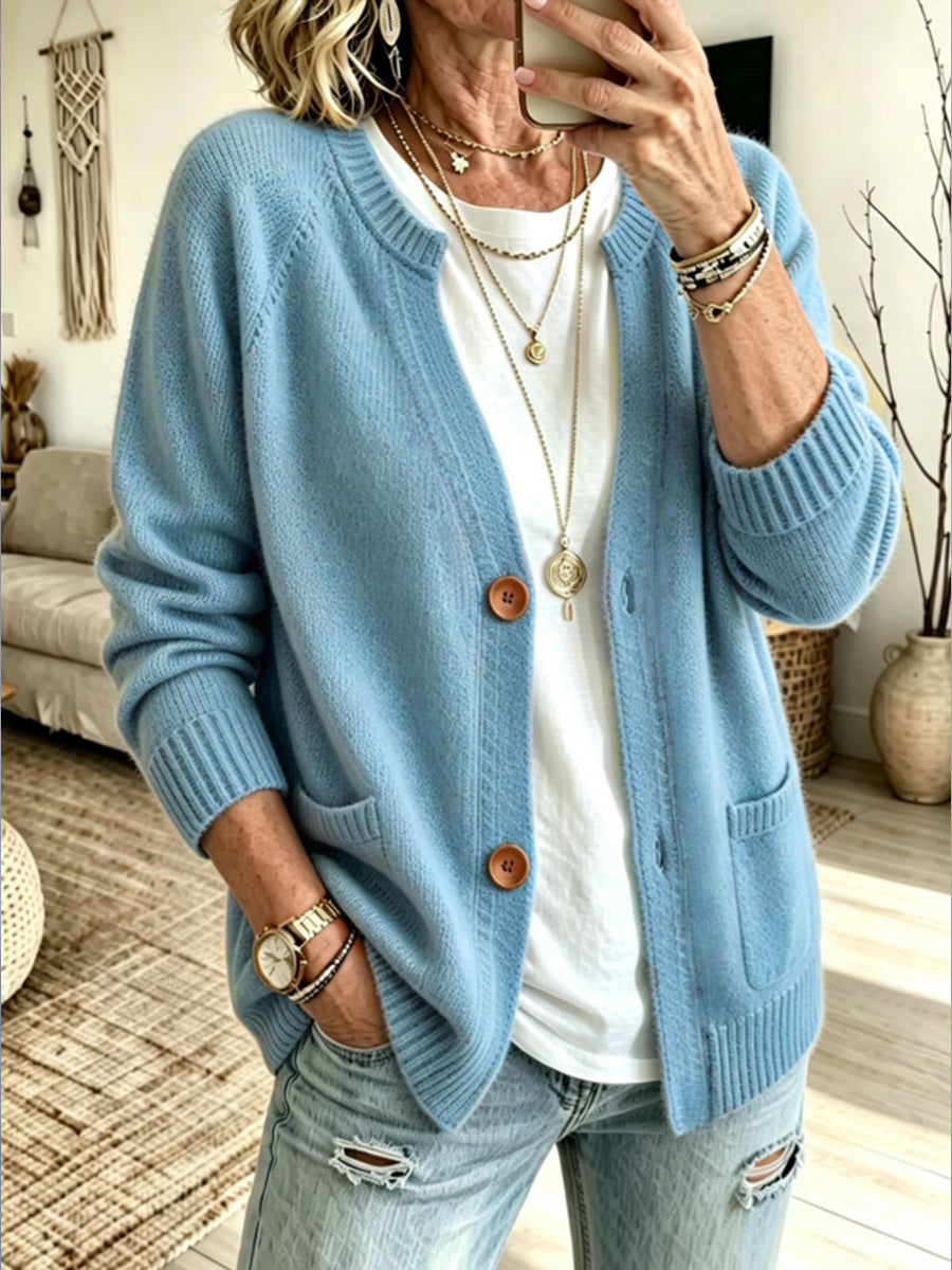 Black Cotton-Blend V-Neck Cardigan — LightBlue