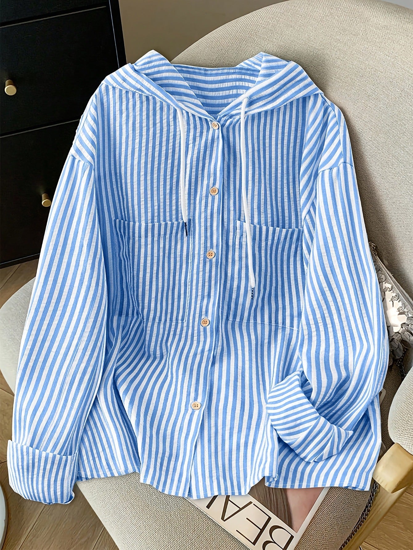 Light Blue Striped Cotton-Blend Hooded Cardigan — Blue