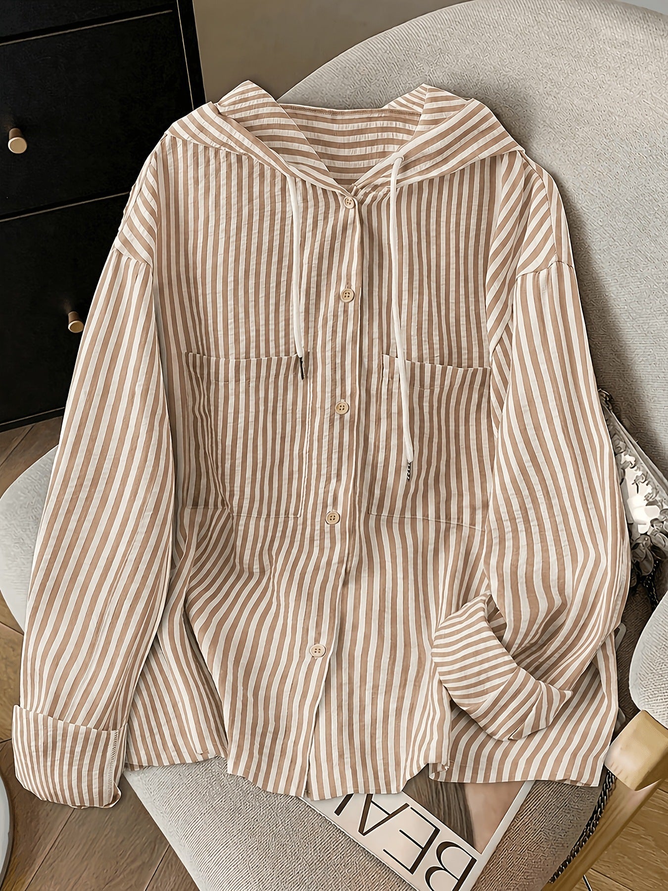 Light Blue Striped Cotton-Blend Hooded Cardigan — Brown