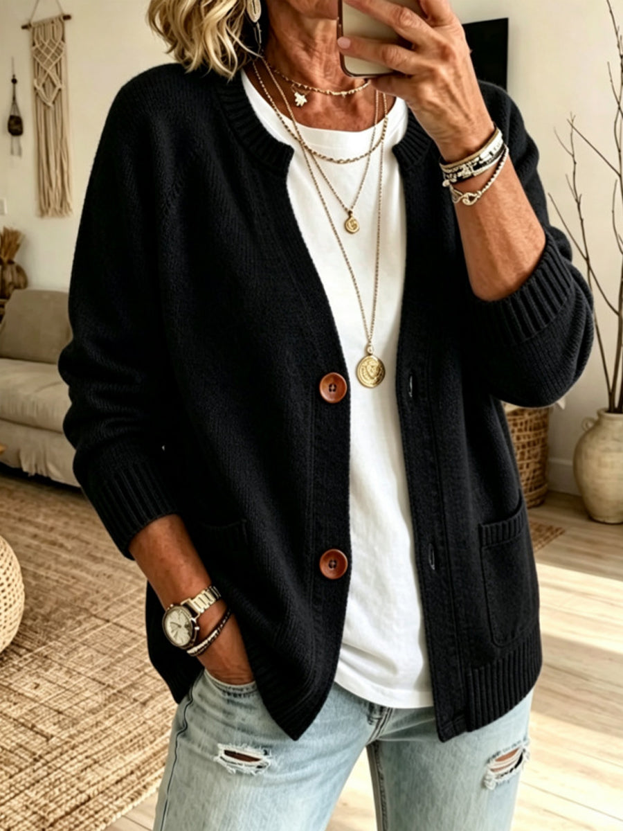 Black Cotton-Blend V-Neck Cardigan — Black