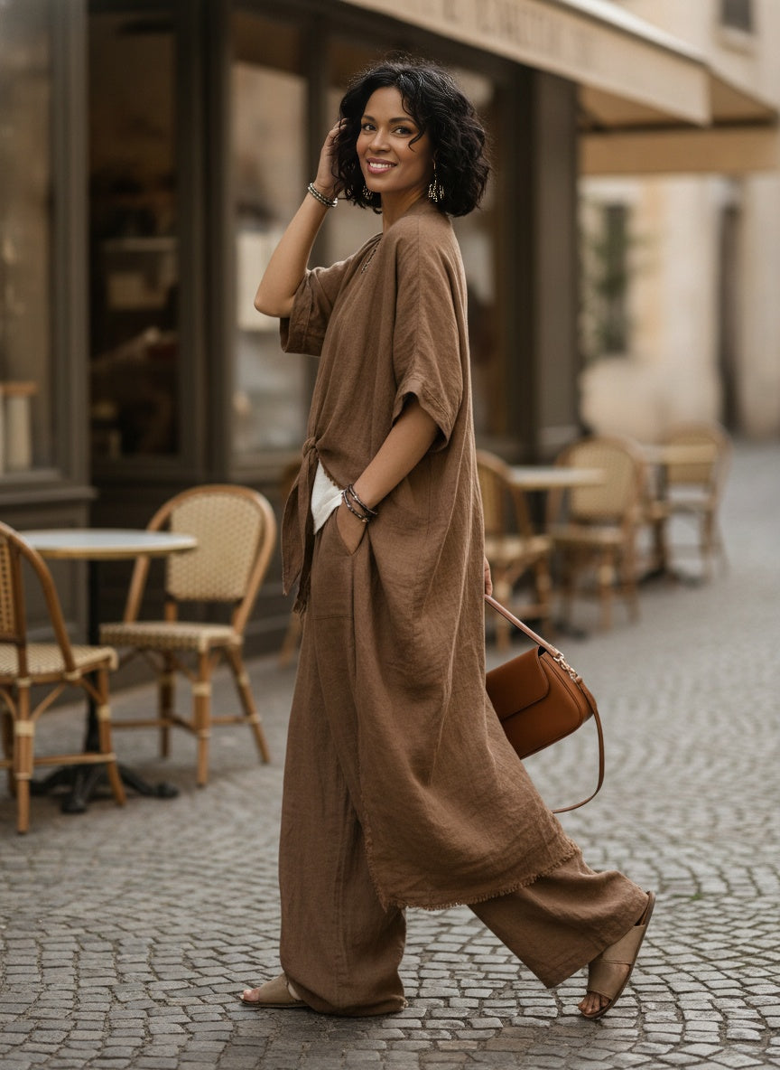 Brown Cotton-Linen Cardigan & Elastic Waist Trousers Set