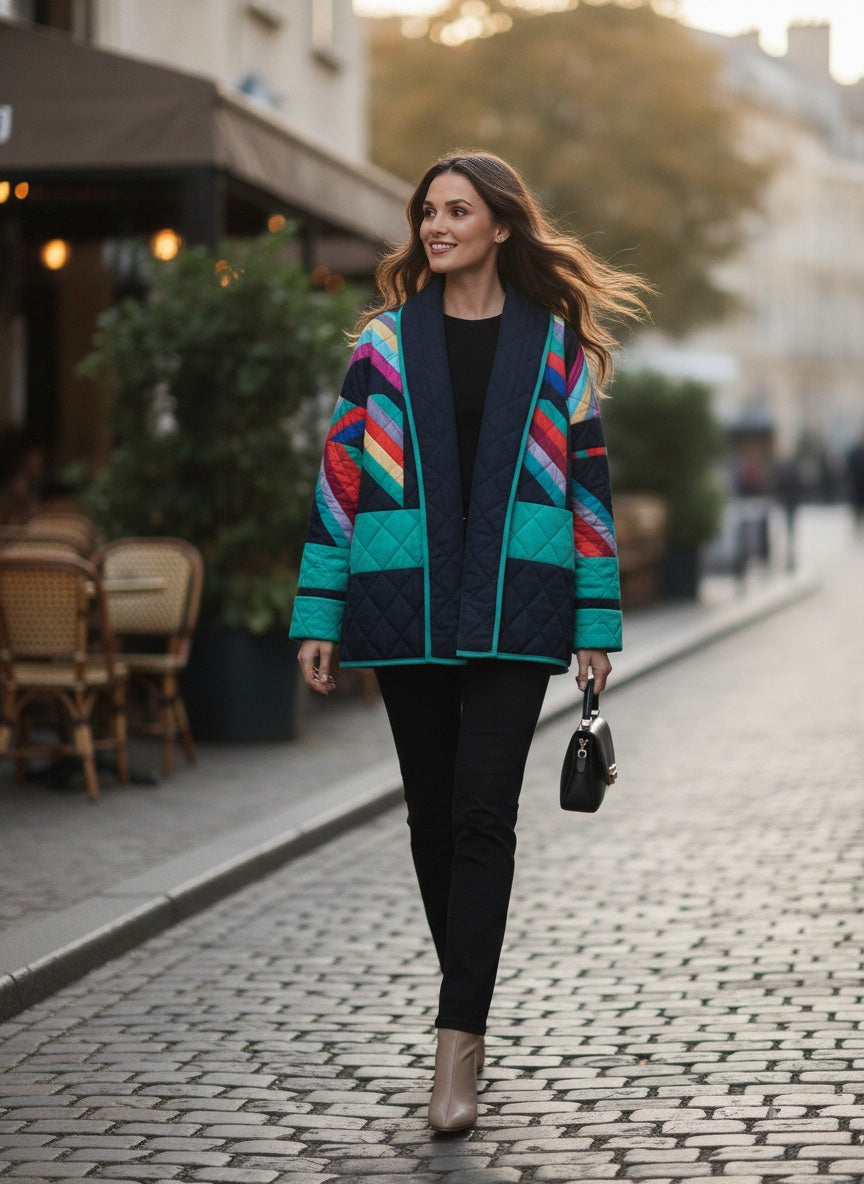 Colourful Patchwork Quilted Jacket with Shawl Collar