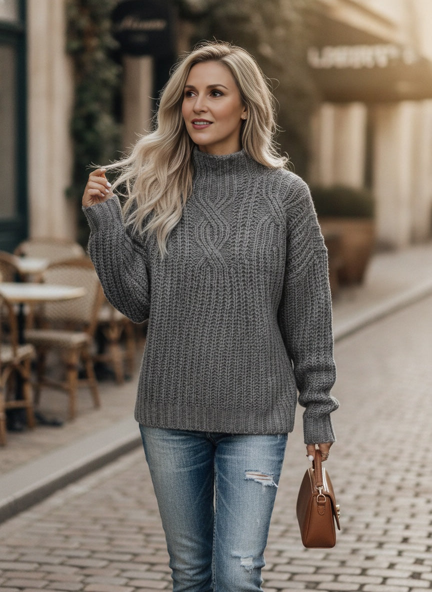 Cosy Grey Cable Knit Jumper – High Neck Pullover for Women