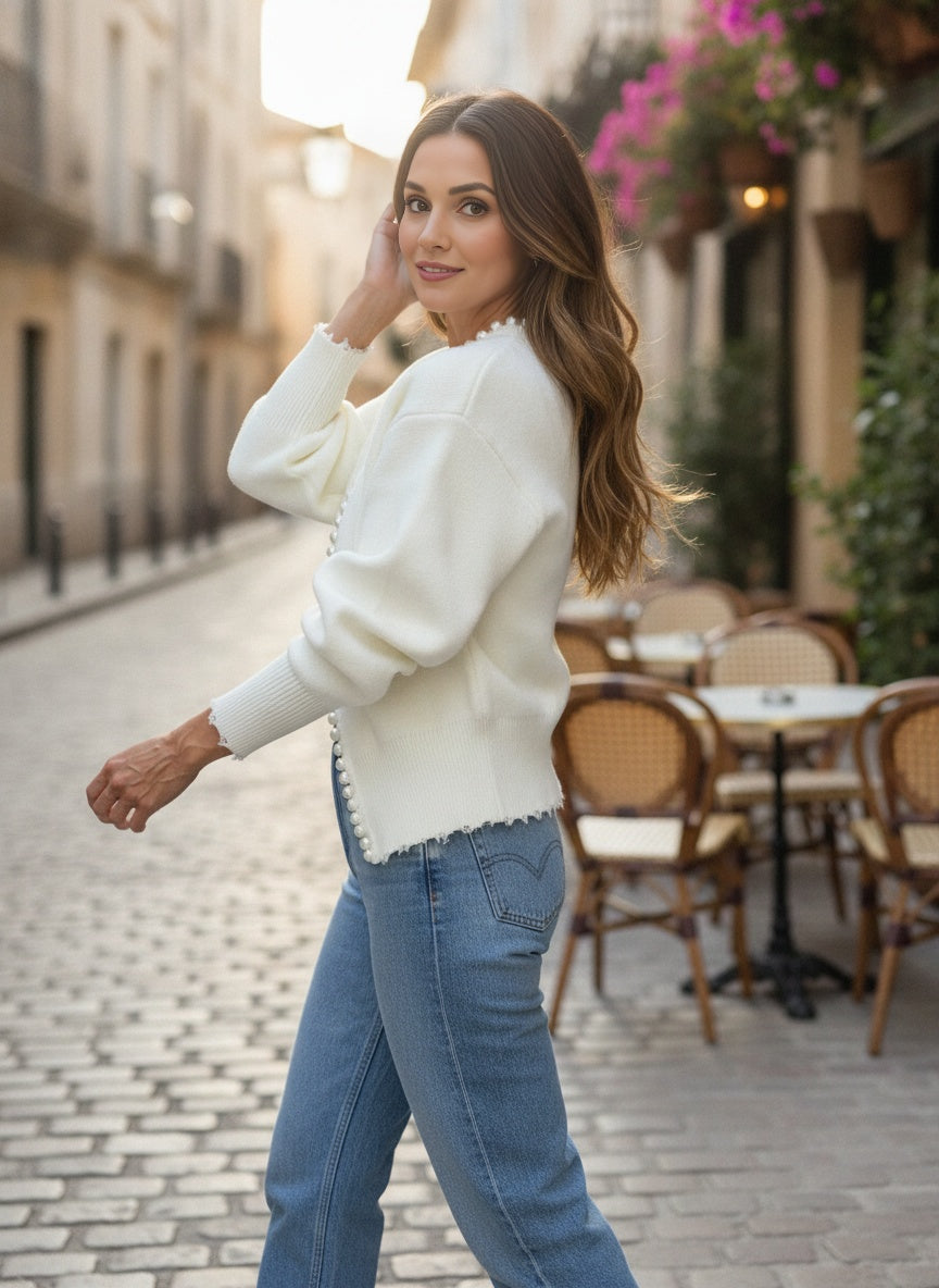 Pearl Trim Open Cardigan – Soft Knit for Everyday Ease