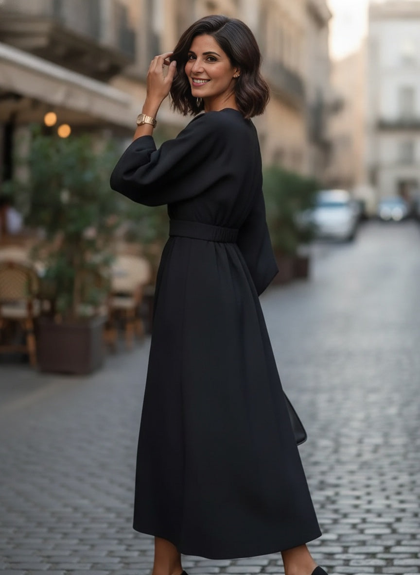 Flowy Midi Dress with Balloon Sleeves & Elastic Waist