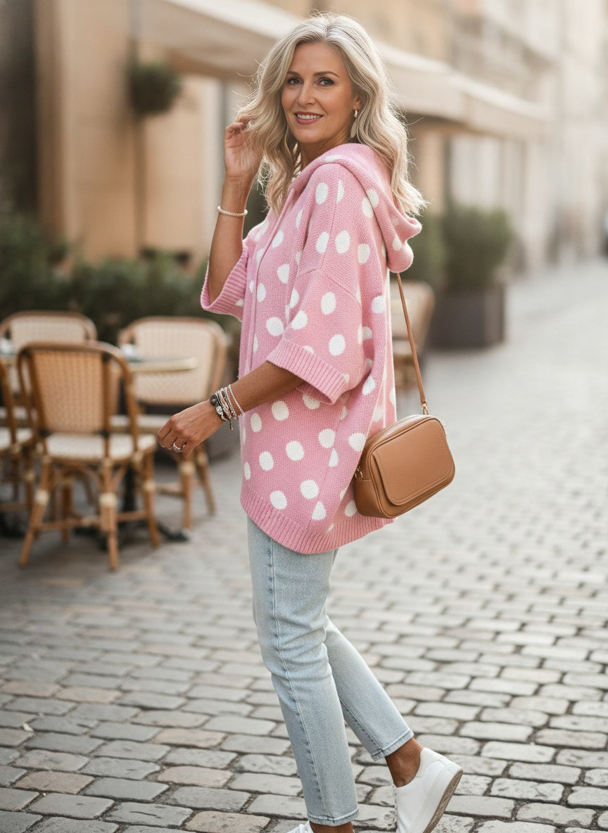 Pink Cotton Polka Dot Knit Hoodie