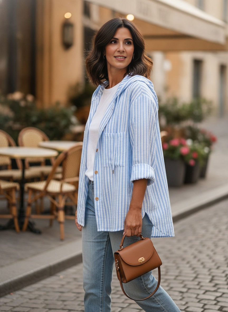 Light Blue Striped Cotton-Blend Hooded Cardigan