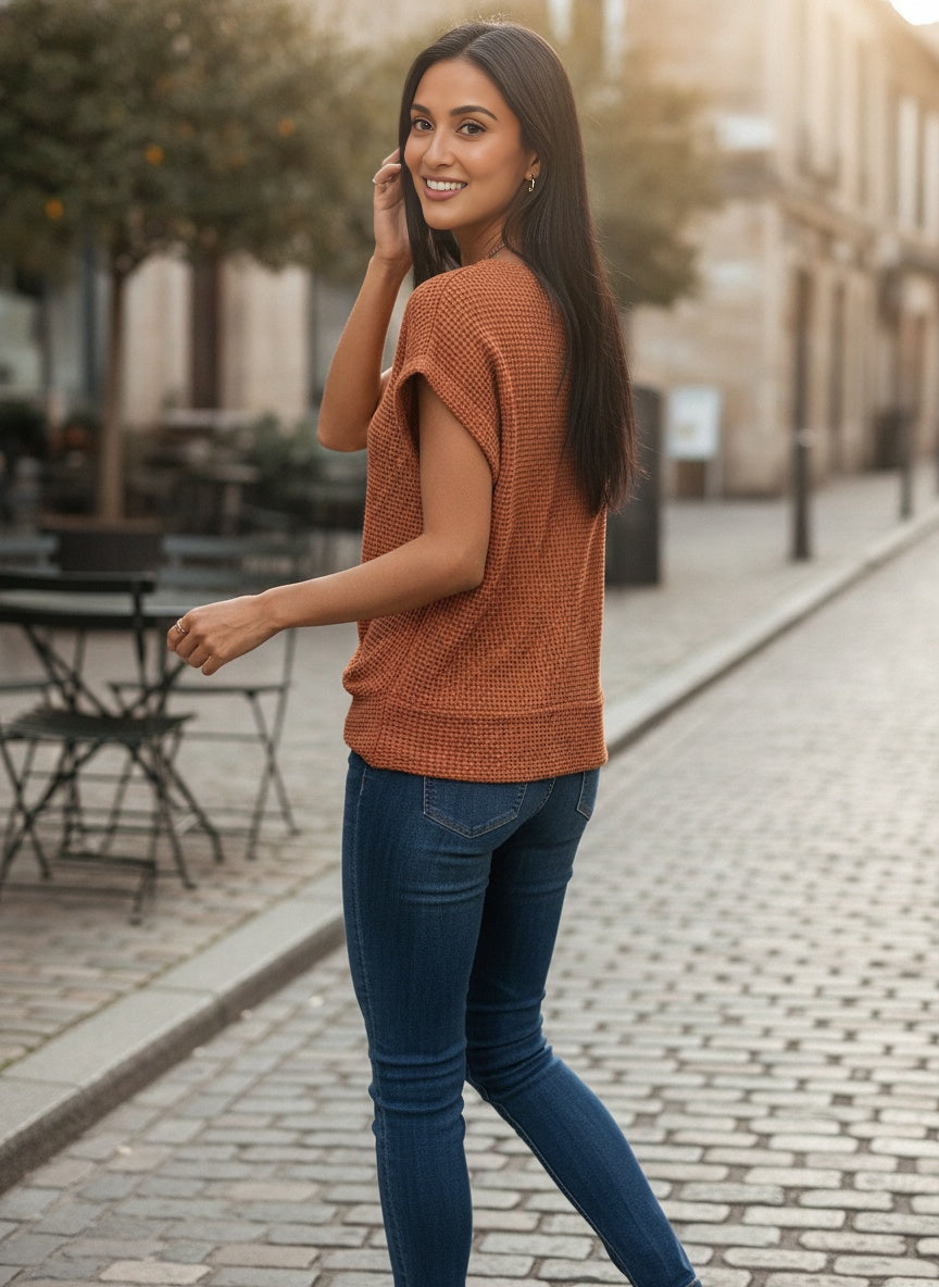 Brown Orange Waffle Knit Top for Everyday Comfort