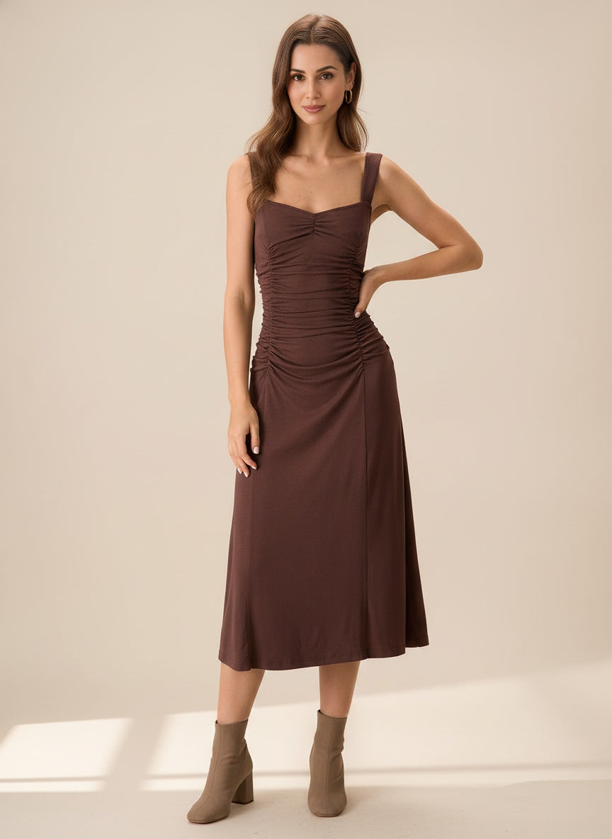 Coffee Ruched Knitted Midi Dress for Everyday