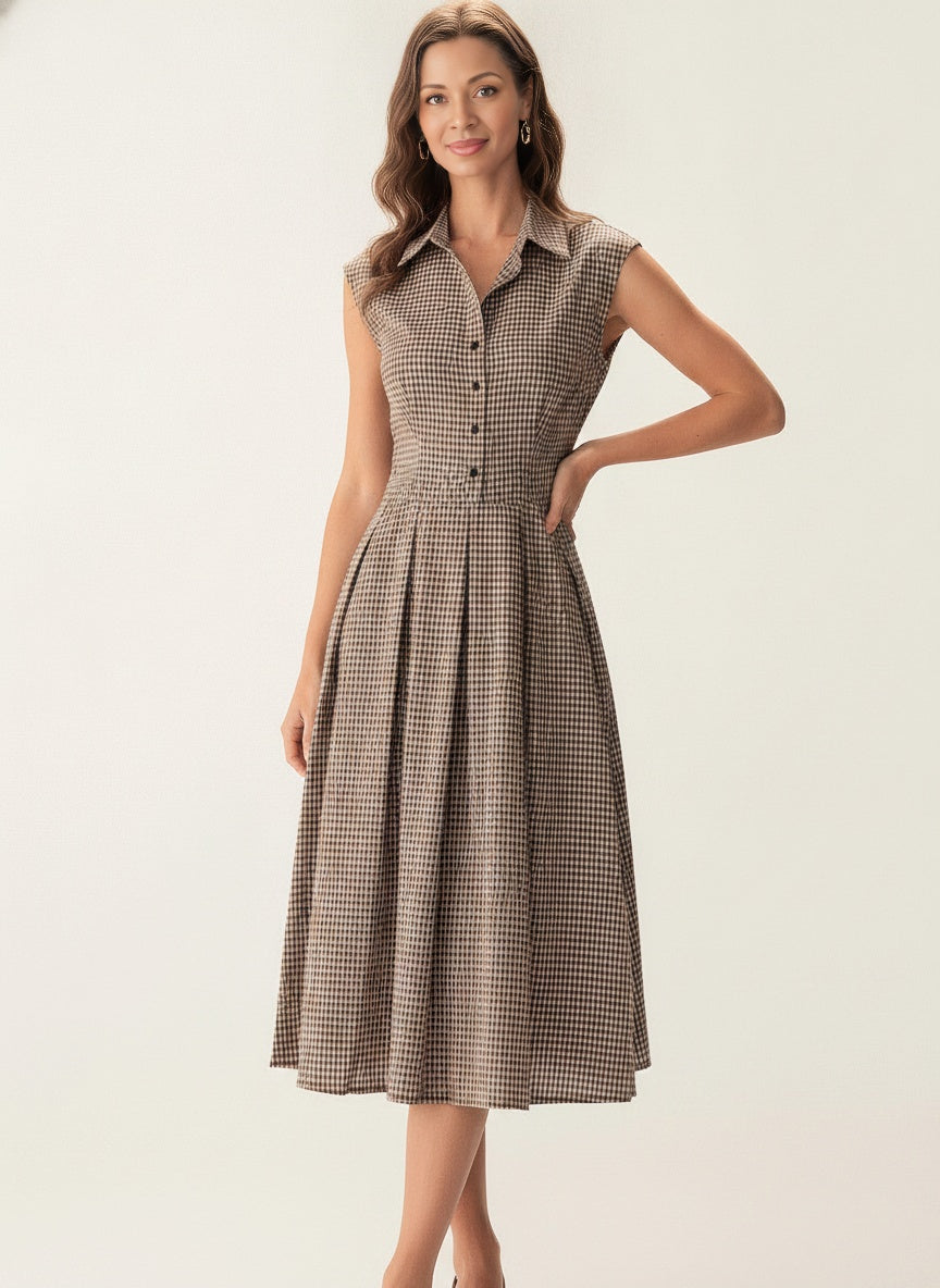 Brown Plaid Cotton Midi Dress with Button Front