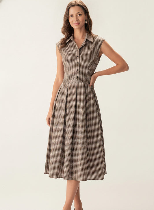 Brown Plaid Cotton Midi Dress with Button Front