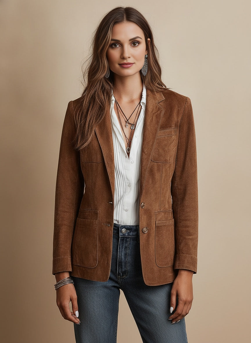 Brown Faux Suede Tailored Blazer Cardigan