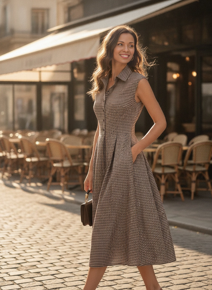Brown Plaid Cotton Midi Dress with Button Front