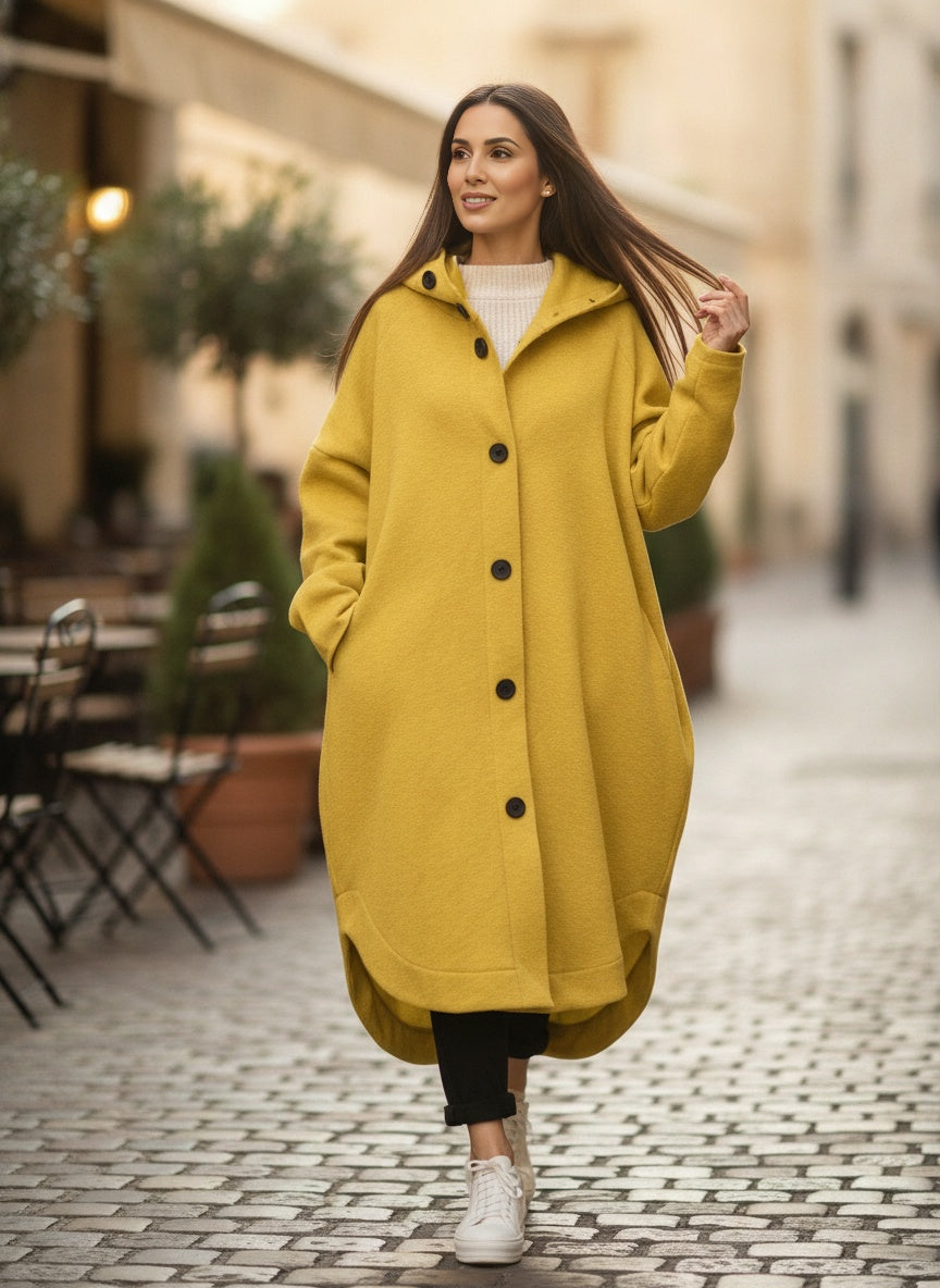 Relaxed Hooded Cocoon Coat with Asymmetric Hem