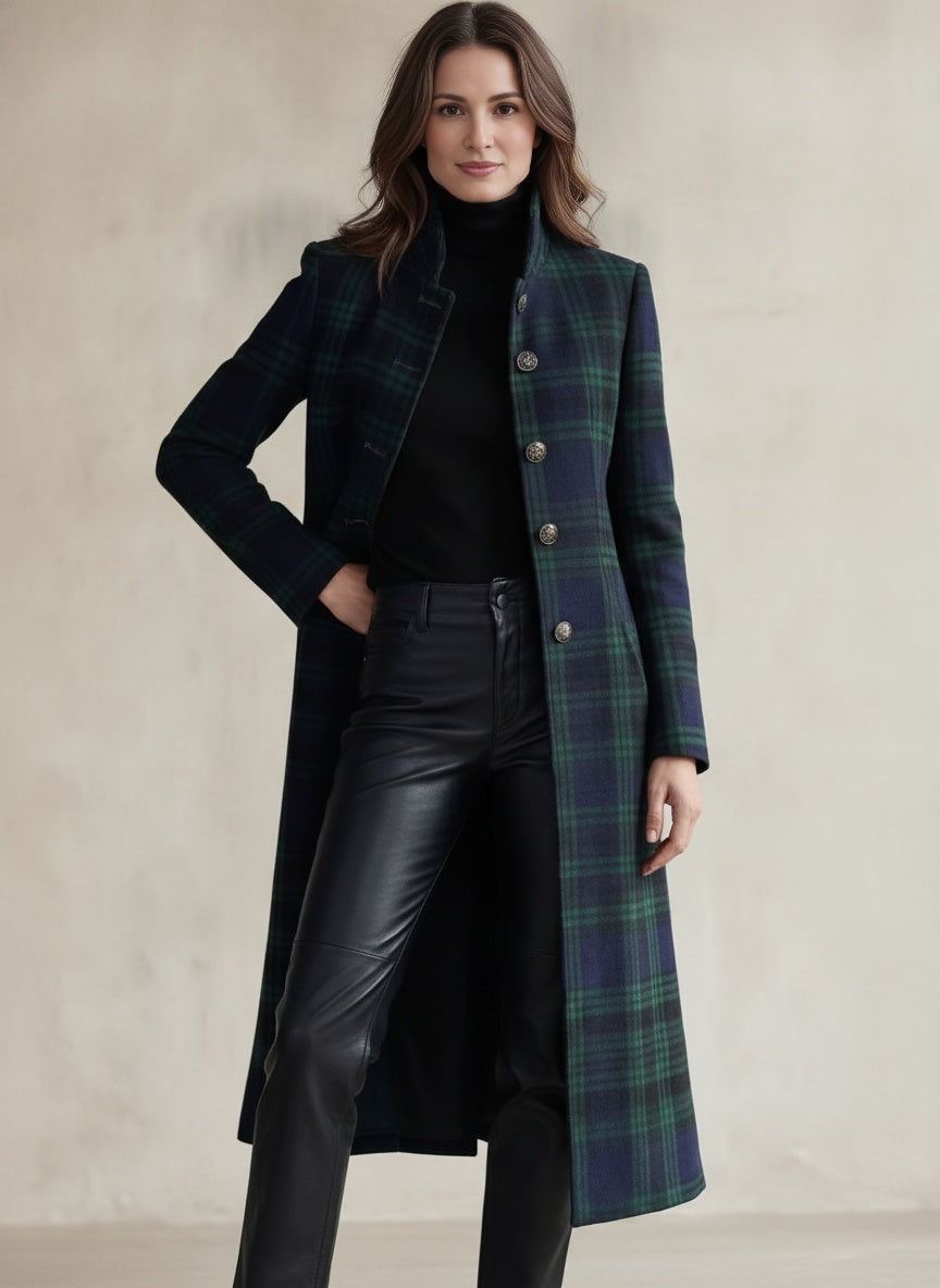 Blackwatch Tartan Longline Coat with Stand Collar