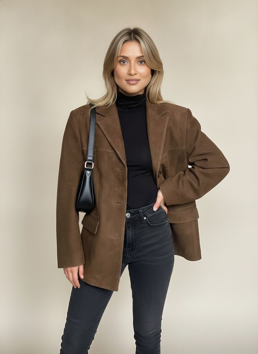 Brown Suede-Look Jacket for Autumn Layering