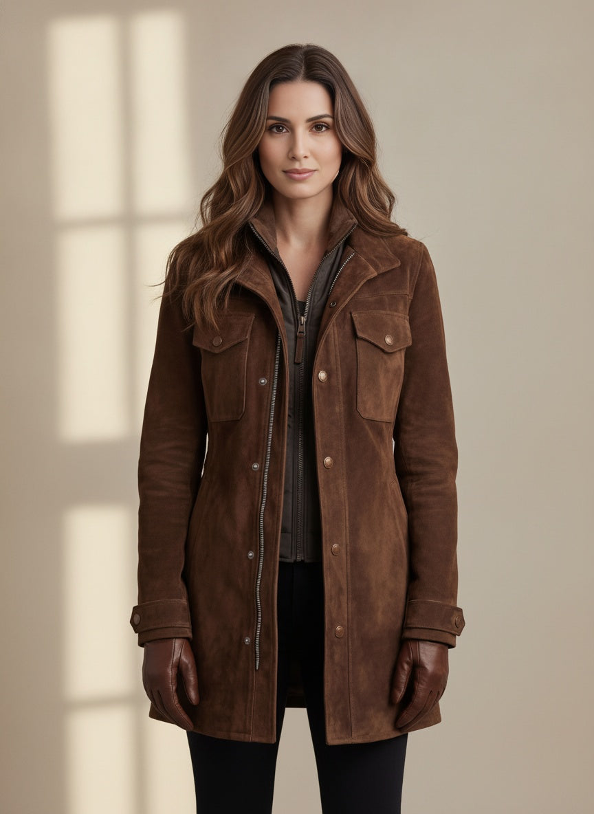 Tailored Suede-Effect Longline Coat - Brown