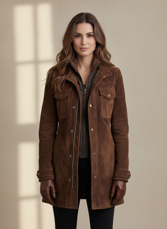 Tailored Suede-Effect Longline Coat - Brown