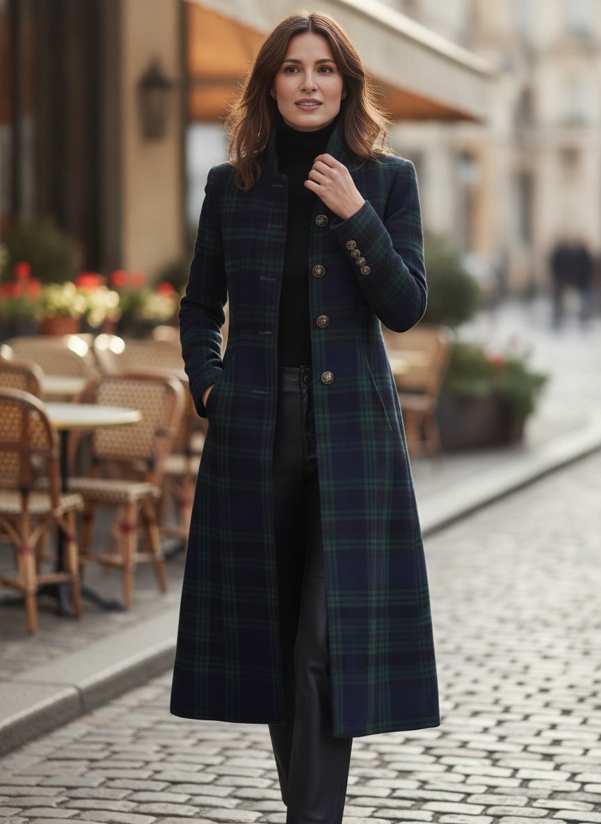 Blackwatch Tartan Longline Coat with Stand Collar
