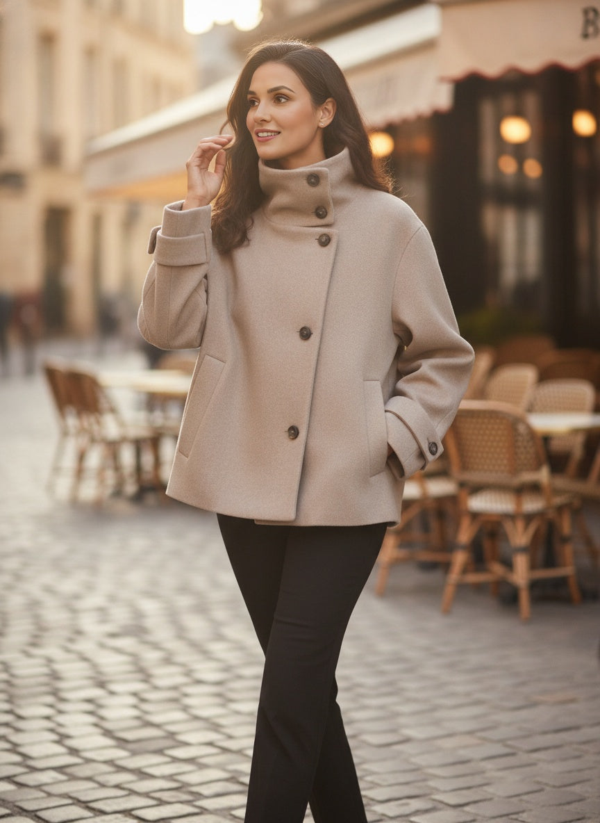 Loose Fit Stand Collar Coat with Buckle Detail