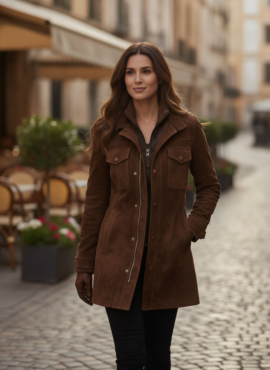 Tailored Suede-Effect Longline Coat - Brown