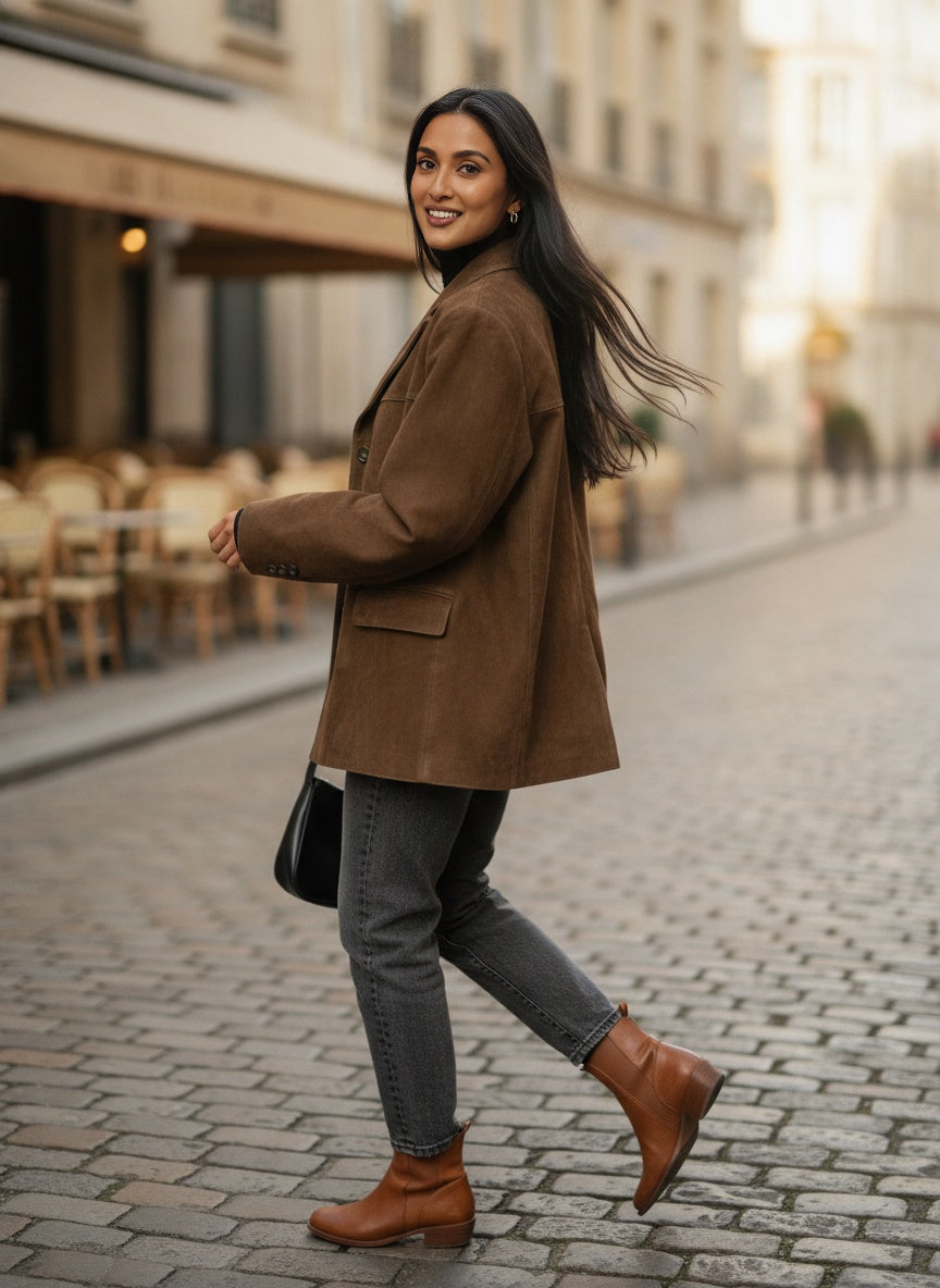 Brown Suede-Look Jacket for Autumn Layering