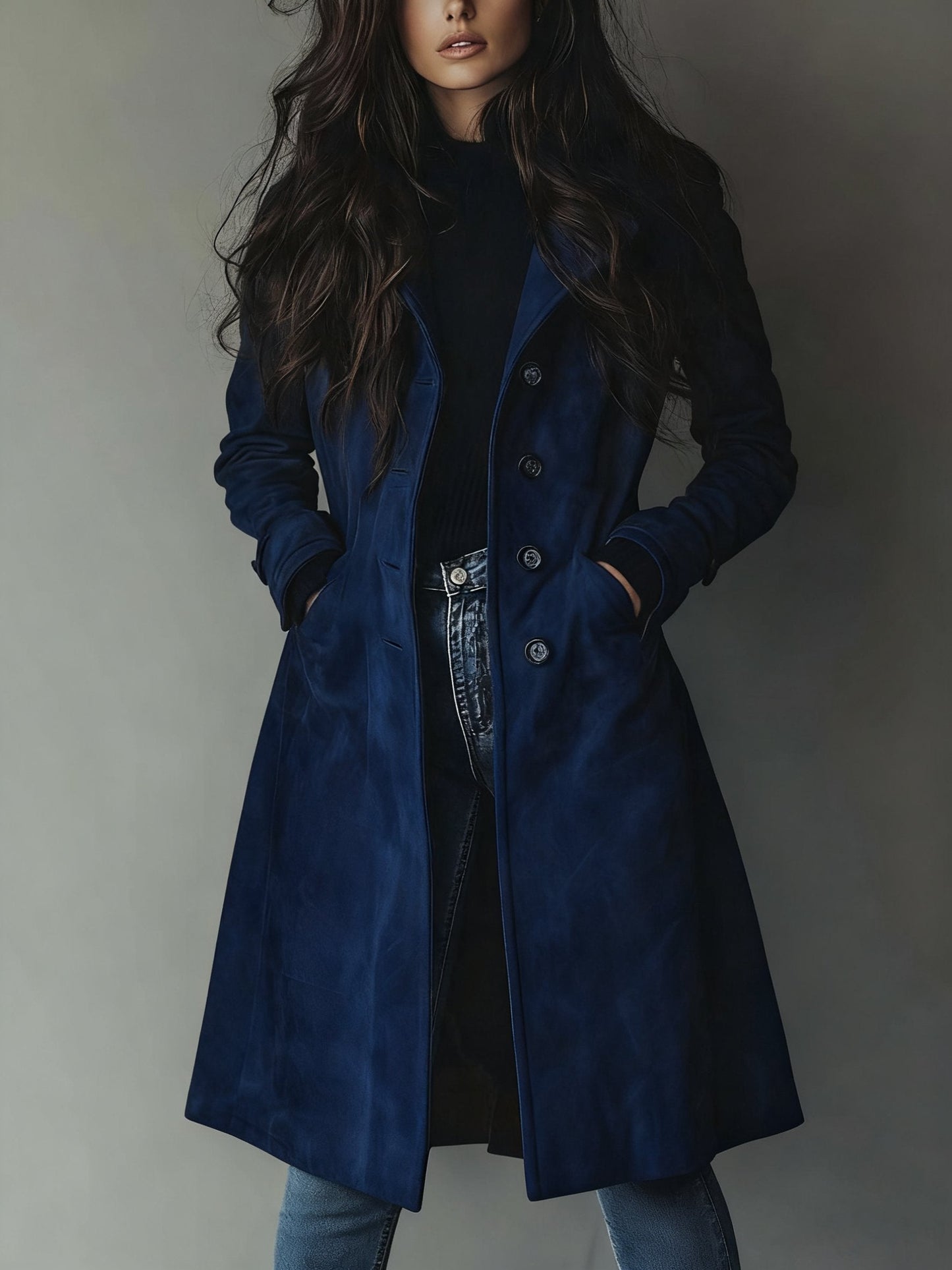 Brown Double-Breasted Trench Coat - Classic Women's Outerwear — Dark Blue