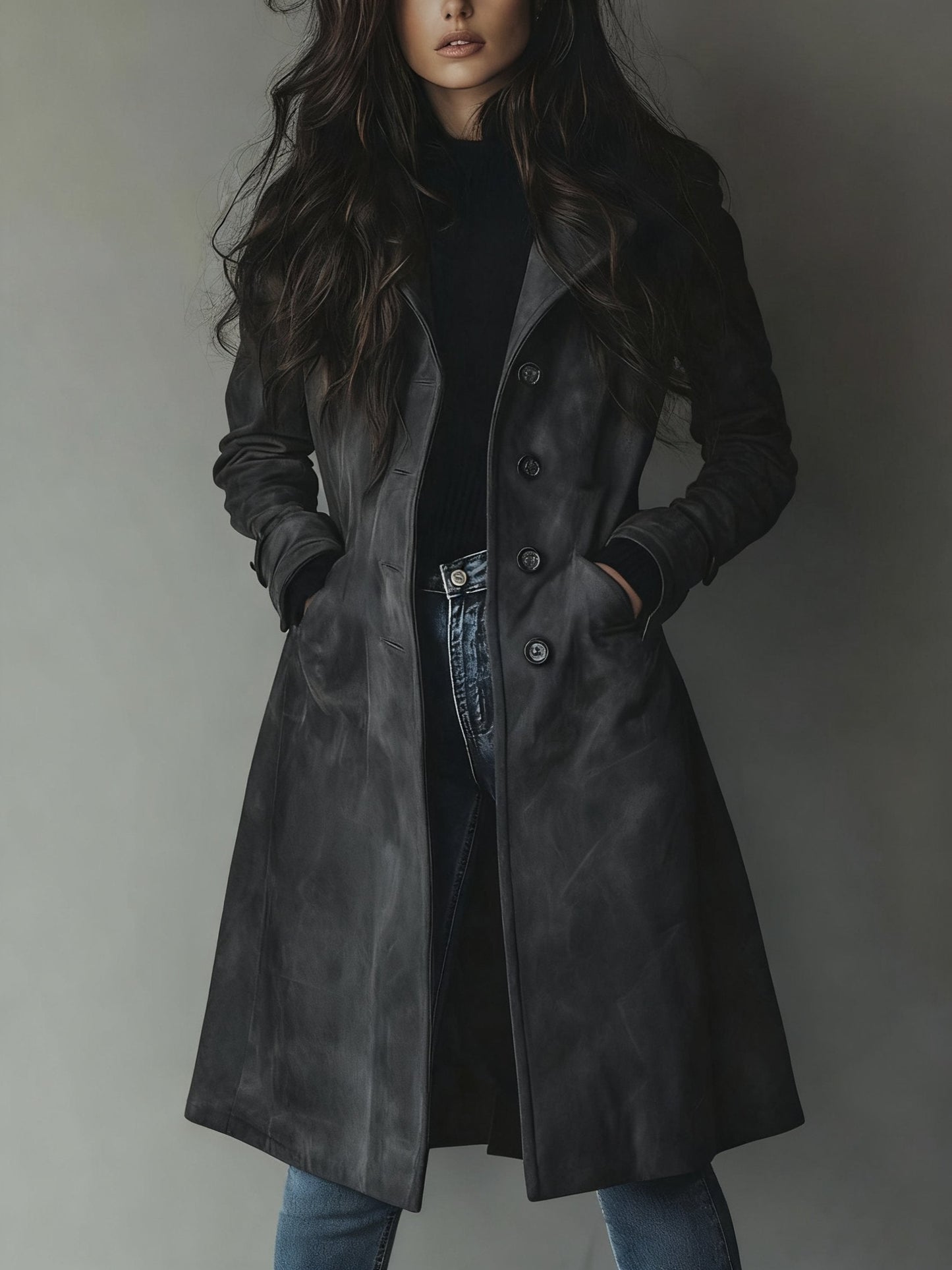 Brown Double-Breasted Trench Coat - Classic Women's Outerwear — Dark Gray